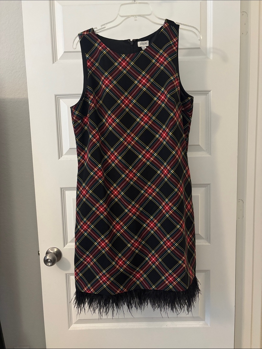 J. Crew Black TartanPlaid Sleeveless Shift Dress w/Feather Trim SZ 12 NWT Preppy